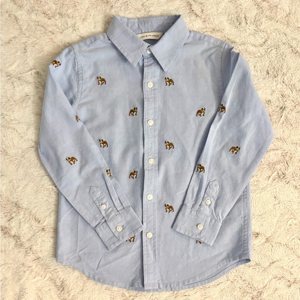 Boys Janie and Jack Light Denim Button Down Shirt with English Bulldogs Sz 4
